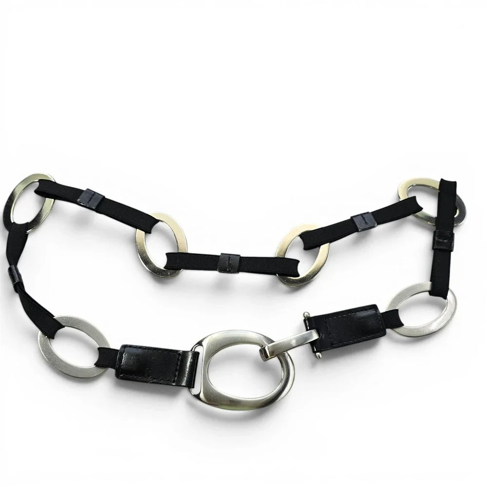 Suzi Roher? Oval Chain Link Belt Women's M/L Black Silver Leather Elastic Boho